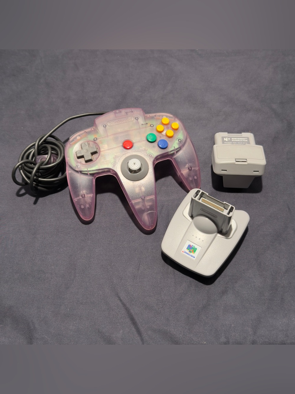 ORIGINAL Nintendo N64 Atomic Purple Controller W/ Rumble Pak And Transfer Pak